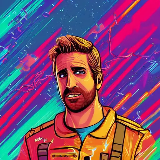 Image similar to a portrait of a Rayan Gosling with thunders in the sky in a future cybernetic city, outrun style and colours, trending on arstation, by dan mumford, by ross tran