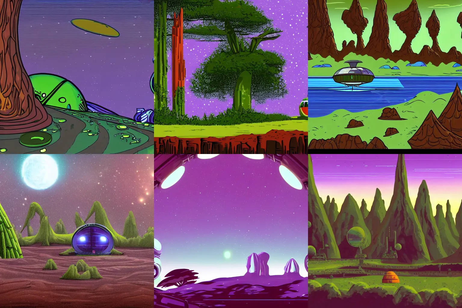 Prompt: a spaceship at a spaceport on a strange alien planet, alien forest in background, from a space themed LucasArts point and click 2D graphic adventure game, made in 2019, high quality graphics