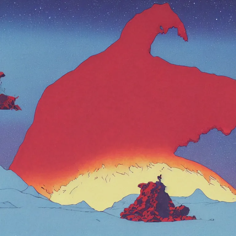 Prompt: a closeup portrait of a demon sucking a blotter paper of lsd acid and dreaming psychedelic hallucinations in the vast icy landscape of antarctica, by kawase hasui, moebius and edward hopper, colorful flat surreal design, hd, 8 k, artstation