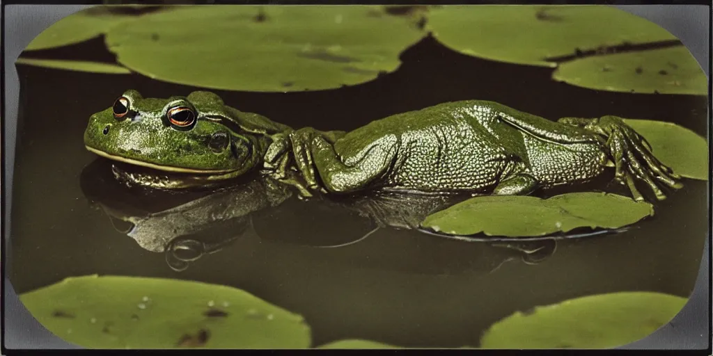 Image similar to detailed medium format photo, polaroid still from tarkovsky movie, of a large bullfrog sitting on a lilly pad in a murky swamp smoking a cigarette, haze, high production value, intricate details, 8 k resolution, hyperrealistic, hdr, photorealistic, high definition, tehnicolor, award - winning photography, masterpiece, amazing colors