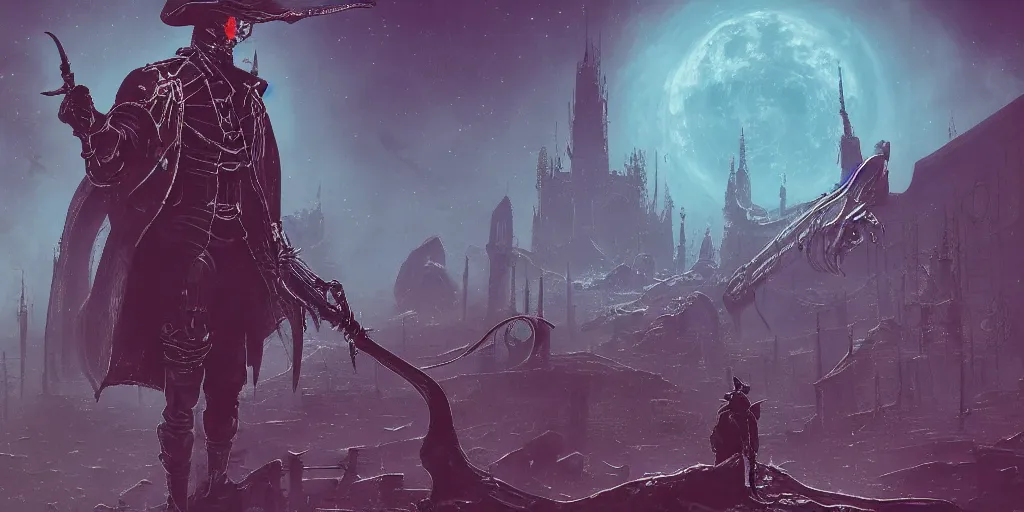 Prompt: a retrofuturism hunter from bloodborne on a space yharnam, style by retrofuturism, faded color, by malcolm smith