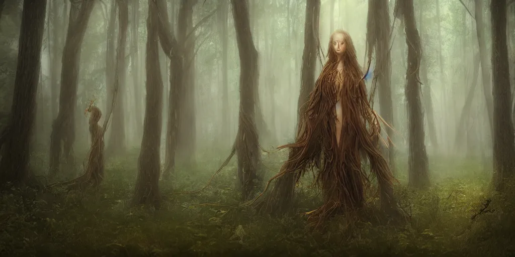 Prompt: a wood spirit in the trees, will o the wisp, photorealistic, by wlop, 4 k resolution h 7 6 8