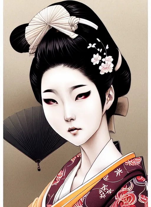 Image similar to lovely japanese geisha, character portrait, sketch, concept art, intricate details, highly detailed photorealistic, portrait, in the style of adam hughes, seseon yoon, artgerm and warren louw