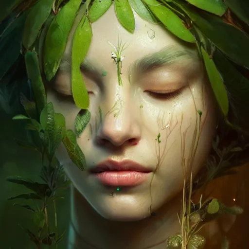 Prompt: a beautiful portrait of a plant goddess with closed eyes by Greg Rutkowski and Raymond Swanland, Trending on Artstation, ultra realistic digital art, wet