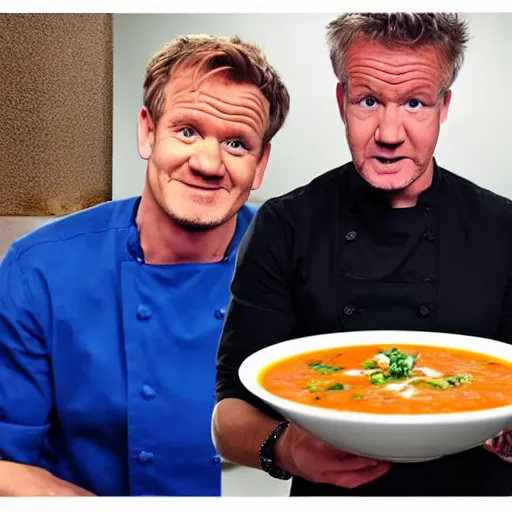 Prompt: <photo hd reaction>Gordon Ramsey reviews delicious soup</photo>