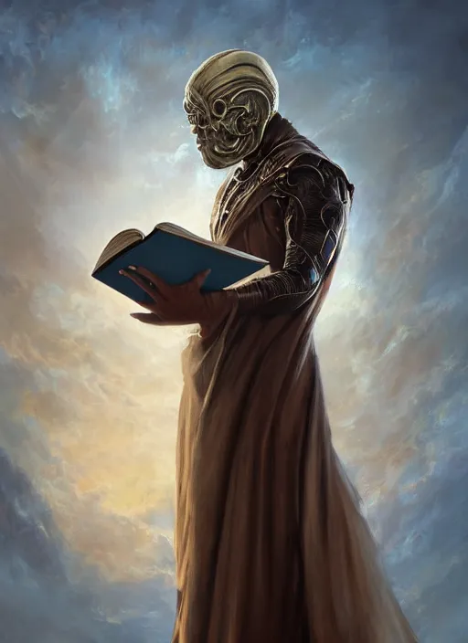 Prompt: Magic Floating Thespian Mask reading a book, no body, bodyless, floating mask, Ivan Aivakovsky, Boris Vallejo, epic fantasy character art, D&D Concept Art, full length, Realistic, Regal, Refined, Detailed Digital Art, Oil Paining, Exquisite detail, post-processing, masterpiece, Cinematic Lighting, Unreal Engine, 8k, HD, Stanley Artgerm Lau, WLOP, Rossdraws, Frank Frazetta, Andrei Riabovitchev, Marc Simonetti, trending on artstation flawless