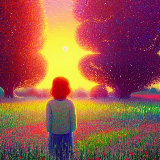 Image similar to girl made of flowers, standing in a flower field, big trees, sunrise dramatic light, impressionist painting, colorful clouds, digital painting, pointillism, artstation, simon stalenhag