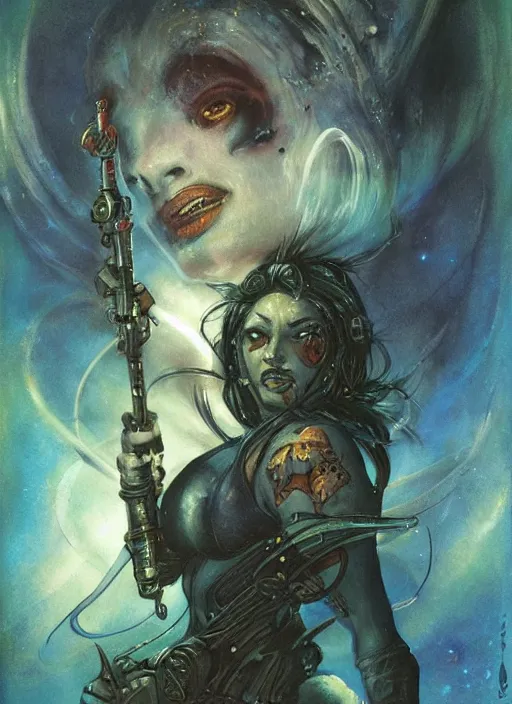 Image similar to portrait of female space pirate, night sky background, beautiful! coherent! by brom, by brian froud, deep color, strong line, high contrast