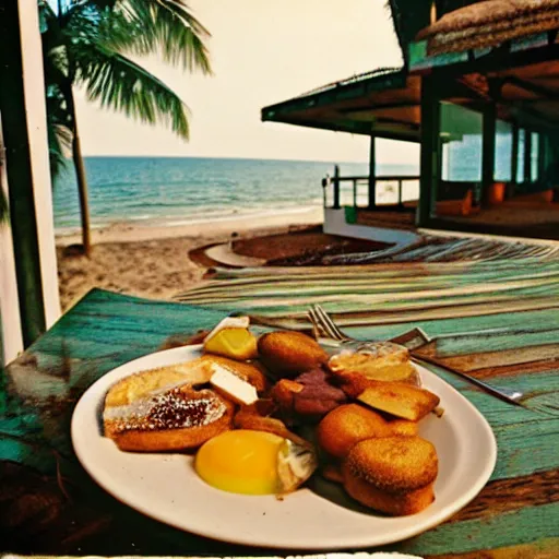 Image similar to breakfast at the porch of a beach house in rio de janeiro in the 8 0 s, photograph, 8 mm