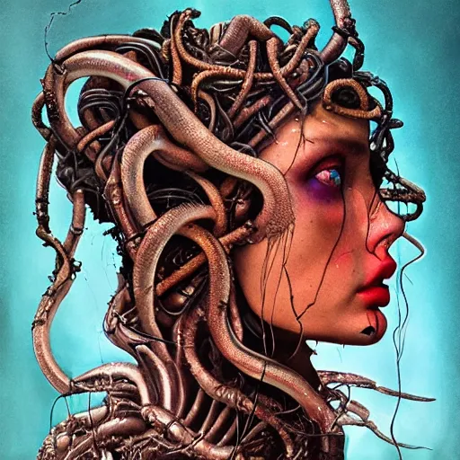 Image similar to portrait of medusa, cameras, melting ,8k,by tristan eaton,Stanley Artgermm,Tom Bagshaw,Greg Rutkowski,Carne Griffiths, Ayami Kojima, Beksinski, Giger,trending on DeviantArt,face enhance,hyper detailed,minimalist,cybernetic, android, blade runner,full of colour