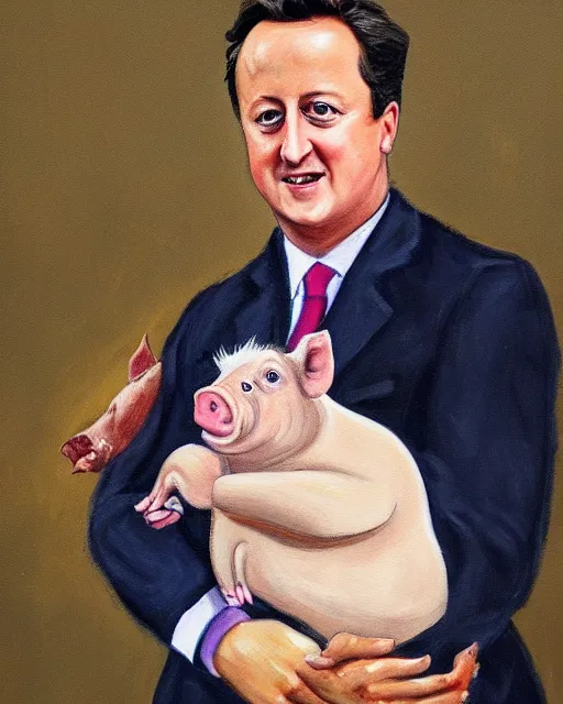 Prompt: a painting of uk politician former prime minister david cameron holding a pig in his arms, 4 k detail