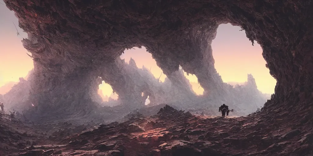 Image similar to lone wanderer in a highly detailed cinematic cave entrance in a scifi landscape by feng zhu, wayne barlowe, perfect geometry, hyper - detailed, sharp, beautiful, desaturated, beautiful lighting, oil on canvas, sunset