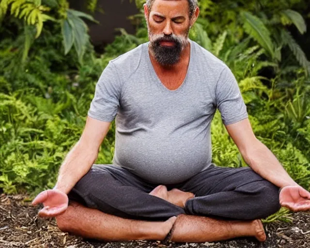 Prompt: mr robert smoke weed and meditate in the garden, near the campfire, he has dark grey hairs, detailed glad face, muscular chest, pregnant belly, golden hour closeup photo, red elegant shirt, eyes wide open, ymmm and that smell