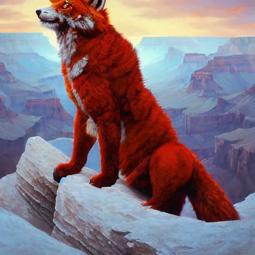 Image similar to Red Tiger Coyote Hybrid collar wearing feather crest paws tail eyes furry fuzzy standing atop grand canyon greg rutkowski greg danton tony sart raymond swanland chris foss chris cold christophe norman rockwell young acrylic 4k artstation wikiart wikipedia realism tilt-shift aspca national geographic