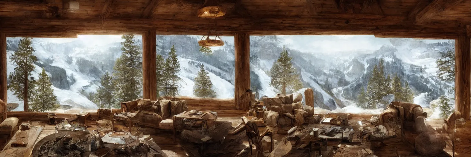 Prompt: a cozy cabin on the side of a mountain in yellowstone, 8k, james gurney, greg rutkowski, john howe, artstation