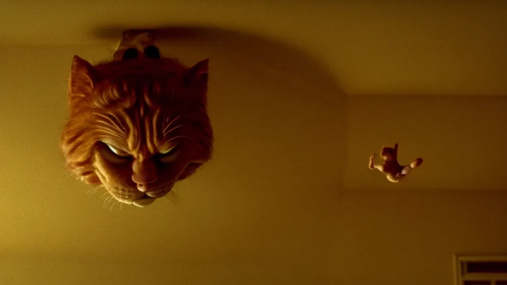 Image similar to a strange Garfield crawls on the living room ceiling, film still from the movie directed by Wes Anderson with art direction by Zdzisław Beksiński, wide lens