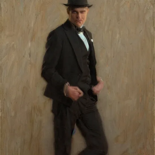 Image similar to detailed portrait of man in black suit, spring light, painting by gaston bussiere, craig mullins, j. c. leyendecker