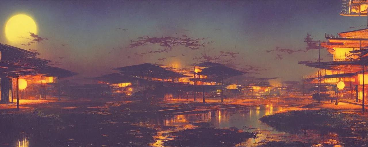 Prompt: awe inspiring bruce pennington landscape, digital art painting of 1 9 6 0 s, old japan at night, 4 k, matte