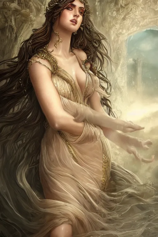 Image similar to aphrodite goddess beautiful gown very sensual, high resolution, uhd, digital illustration, in the style of greg rutkowski, fantasy, amazing detail, epic, intricate, elegant, perfect symmetrical face, hyper realistic, hyperdetailed, style of laura sava, smooth, sharp focus