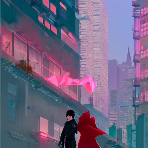 Prompt: damian wayne with a pink haired boyfriend, city landscape, Gotham, artstation, highly detailed, by makoto shinkai and thomas kindle and James gilleard