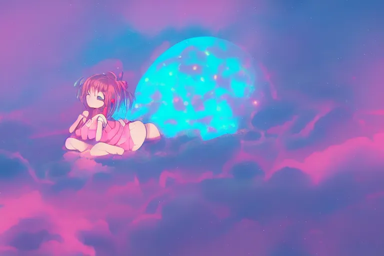 Image similar to a cute anime girl sleeping on a cloud, misty, glows, digital art, hazy, foggy, ambient lighting, 8 k, neon, synthwave,