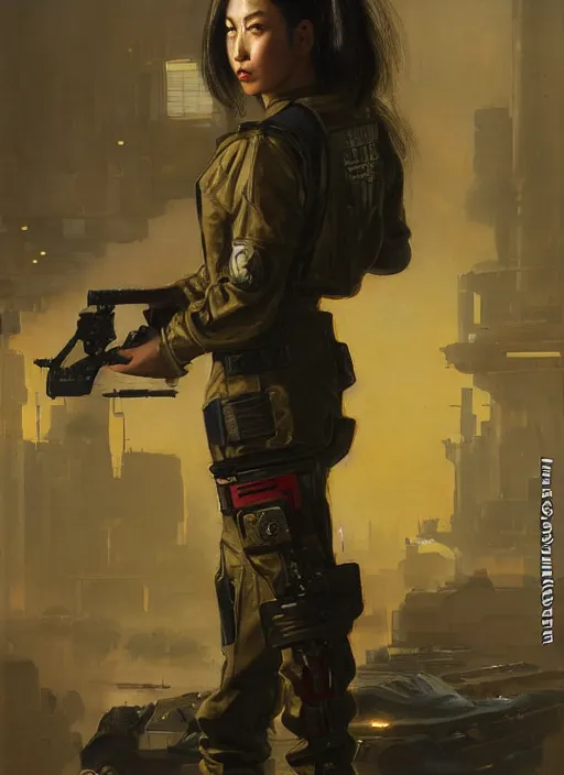 Image similar to Nikki tanaka. beautiful cyberpunk female USN marine wearing a military vest and military jumpsuit (cyberpunk 2077, bladerunner 2049). gorgeous face. Iranian orientalist portrait by john william waterhouse and Edwin Longsden Long and Theodore Ralli and Nasreddine Dinet, oil on canvas. Cinematic, hyper realism, realistic proportions, dramatic lighting, high detail 4k