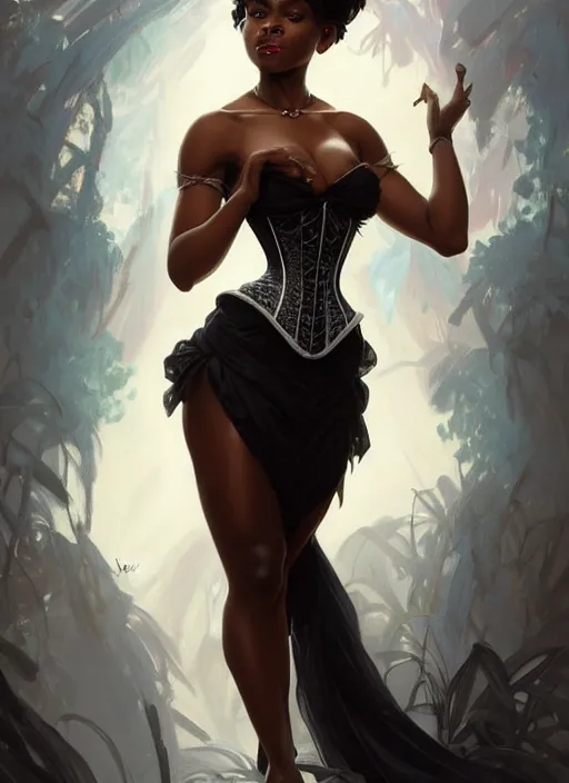 Prompt: cute black woman wearing a white corset dress, fantasy, intricate, highly detailed, digital painting, artstation, concept art, wallpaper, smooth, sharp focus, illustration, art by artgerm and greg rutkowski and alphonse mucha