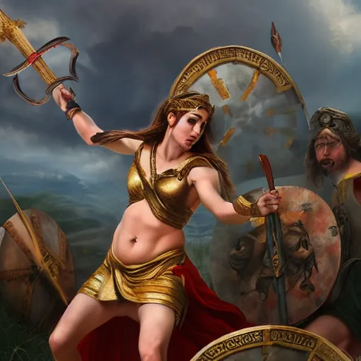 Image similar to Greek goddess Athena fighting with stupidity, stupidity is represented by horde of internet influencers, realistic person, spear in the right hand, long hair, detailed body and face, natural look, realistic photography, hyper realistic, Raphael Santi style, highly detailed, 4k, battle landscape, high quality image, couraging and atmospheric composition