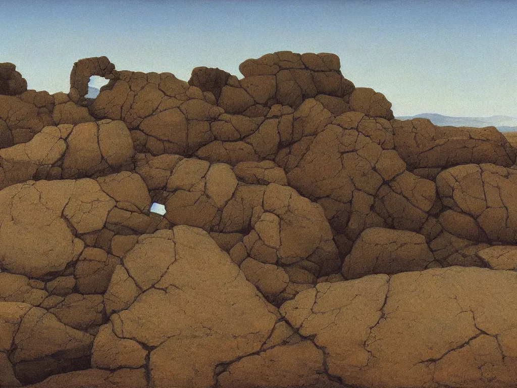 Image similar to Fragmented mirror in the desert. Sentient rocks. Complex changing landscape, autumn light. Painting by Caspar David Friedrich, Alex Colville