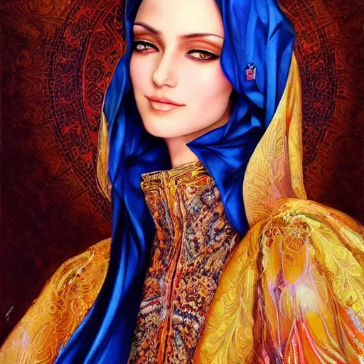 Image similar to a beautiful arabian woman wearing a kaftan by karol bak, ayami kojima, artgerm, arabian beauty, blue eyes, smile, concept art, fantasy