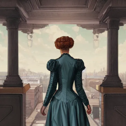 Prompt: portrait of a victorian lady in a futuristic city, from behind, streets, in the year 1300, highly detailed, digital painting