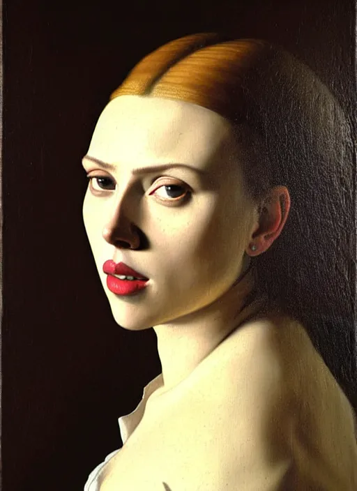 Prompt: portrait of scarlett johansson, oil painting by johannes vermeer, 1 7 th century, art, oil on canvas, wet - on - wet technique, realistic, expressive emotions, intricate textures, illusionistic detail
