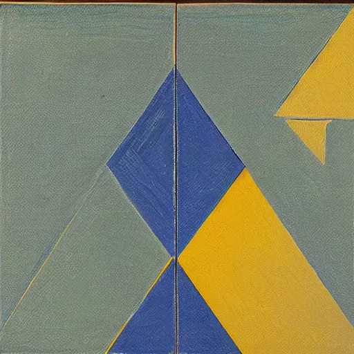 Image similar to painting of rectangle, triangle shapes ( blue, yellow, green ) divided by black lines