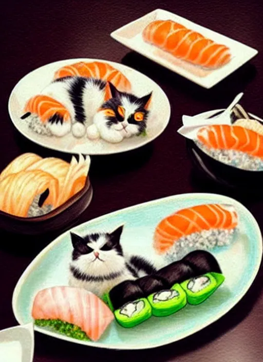 Image similar to clear photorealistic picture of adorable cats made out of sushi