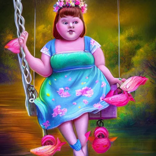 Prompt: spectacular scene of a little fat sweet girl with flowery dress, sitting on a swing and hugging a colorful fish, by the stormy lake. clear beautiful fat face. morning time. an amazingly beautiful scene. beautiful lighting, 4 k post - processing, trending in art station, cg society, highly detailed, 5 k extremely detailed, 3 d. stylize scene.