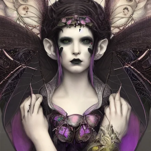 Prompt: tom bagshaw, soft painting fractal curiosities fairy carnival, single beautiful huge wings in full nightshade gothic armor, accurate features, focus, very intricate ultrafine details, black white purple volumetric clouds, award winning masterpiece, octane render 8 k hd