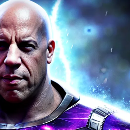 Image similar to vin diesel as thanos, 8k, hyper realistic, cinematic