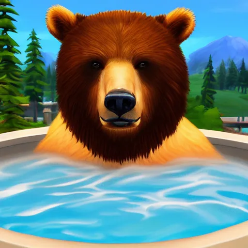 Image similar to a portrait frame of a bear in jacuzzi, the sims 4 oil panting