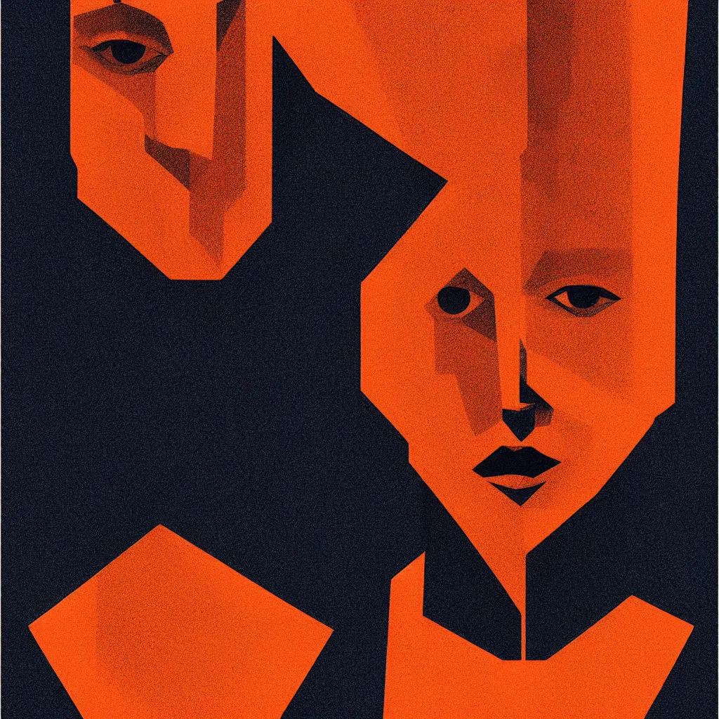 Prompt: beautiful symmetrical face by, mads berg, karolis strautniekas, film noir, stippled light, dramatic lighting, editorial illustration, detailed, fine texture, matte print, art deco, brutalism, dark blue + dark orange, red, black, ( ( habitat 6 7 background ) )