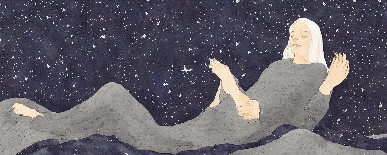 Prompt: watercolour painting of a sleeping woman on a dark beautlful starry night, constellations by charles vess on black matte very textured worn paper