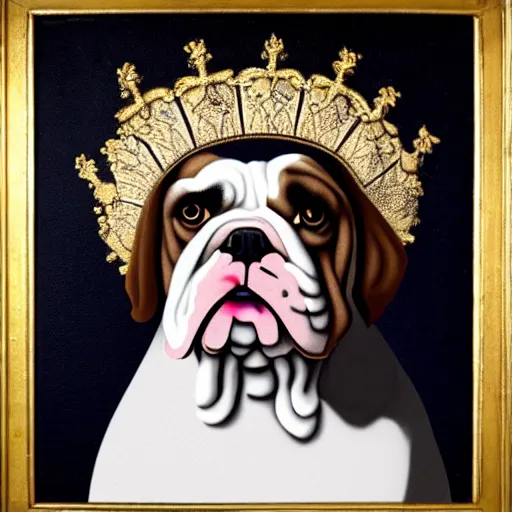 Prompt: a renaissance style portrait painting of a small mostly white female bulldog, wearing a crown and cape, dark background. trending on artstation.