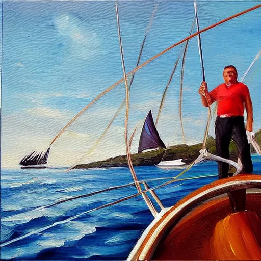 Image similar to viktor orban sailing a yacht, oil painting