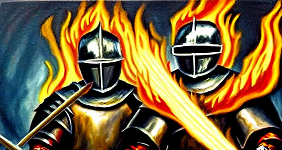 Image similar to An oil painting of a knight in dark metal armor wielding a flaming sword