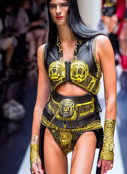 Image similar to hyperrealistic and heavy detailed versace runway show of judge dredd, leica sl 2 5 0 mm, vivid color, high quality, high textured, real life