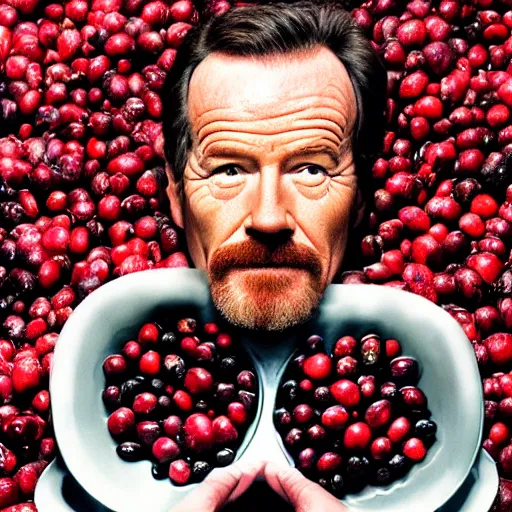 Image similar to tiny bryan cranston's body is a bowl of cranberries, head emerging from cranberries, submerged in cranberries, natural light, sharp, detailed face, magazine, press, photo, steve mccurry, david lazar, canon, nikon, focus