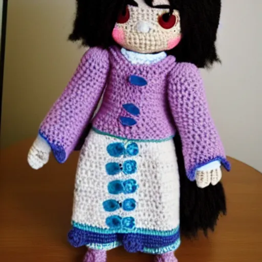 Image similar to a crocheted doll version of keqing from genshin impact