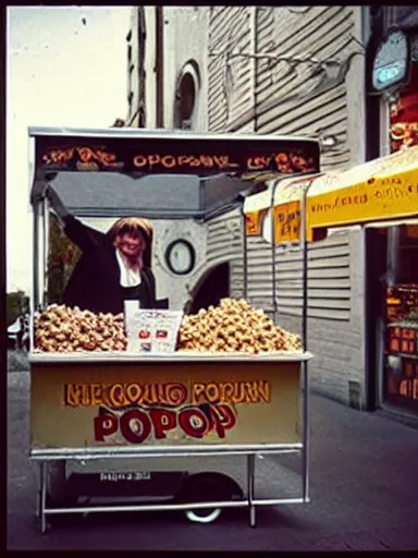 Prompt: “ iggy pop is selling popcorn at the popcorn booth in the street, movie screenshot, cinematic, epic, dramatic ”