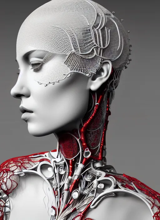 Image similar to complex 3d render ultra detailed of a beautiful porcelain profile young woman face, biomechanical cyborg, 200 mm lens, beautiful studio soft light, rim light, silver white gold red details, magnolia big leaves achromatic and stems, roots, fine foliage lace, mesh wire, Alexander Mcqueen high fashion haute couture, art nouveau fashion embroidered, intricate details, hyper realistic, ultra detailed, mandelbrot fractal, anatomical, facial muscles, cable wires, microchip, elegant, octane render, H.R. Giger style, 8k post-production, trending on Artstation