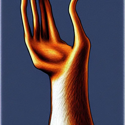 Image similar to anatomic study of an anthropomorphic fox hand with claws, anatomy hand study close up, digital art