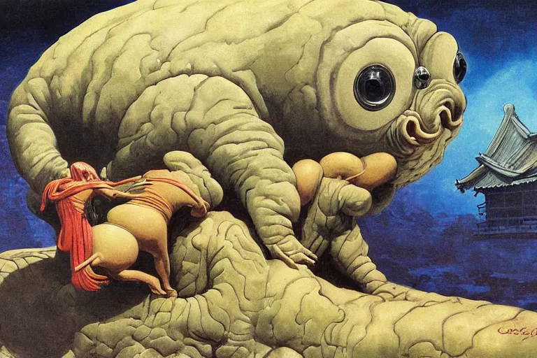 Image similar to a palanquin on top of a giant tardigrade retro japanese monster slimy leather, extra wide, oil painting, 7 0 s vintage art, by georgia o keeffe, by gustave dore, by frank frazetta, nausicaa